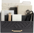 Grey Wooden Desk Organizer with Drawer and Gold Handle - Elegant