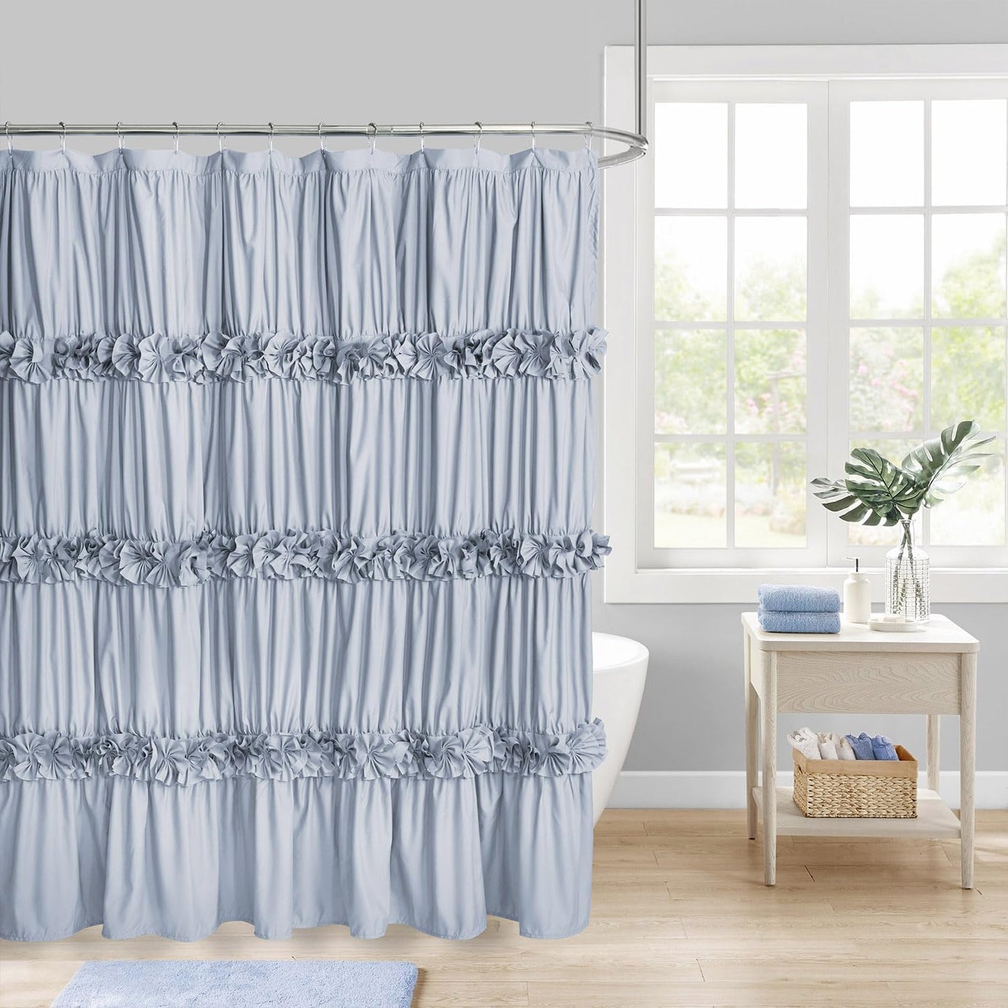 Fog Blue Ruffle Shower Curtain for a Vintage Bathroom Style