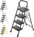 4 Step Steel Folding Ladder - Heavy Duty Foldable Step Stool Black