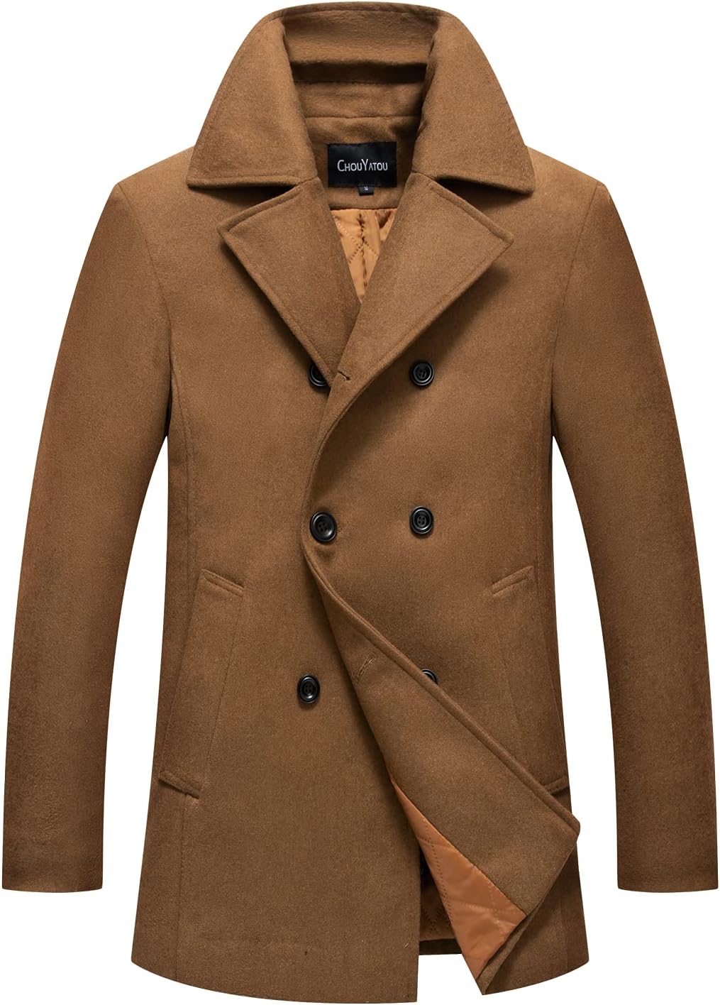 Chouyatou Men's Classic Notched Collar Wool Blend Pea Coat