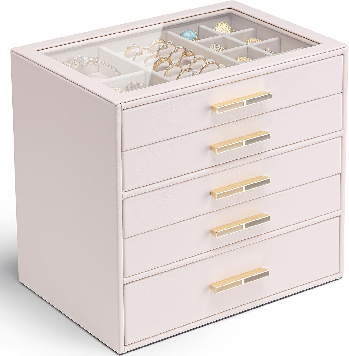 Vlando 5 Layer Jewelry Box with Glass Lid for Women