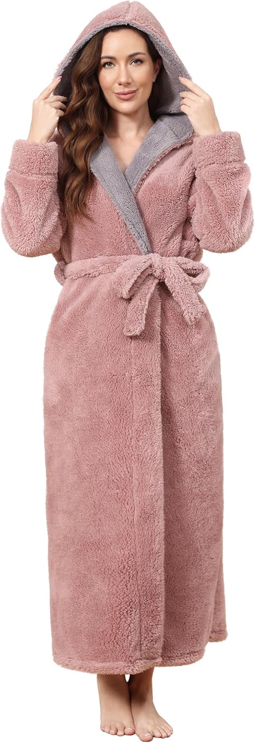 Luxurious Flannel Fleece Long Hooded Robe for Women Comfort