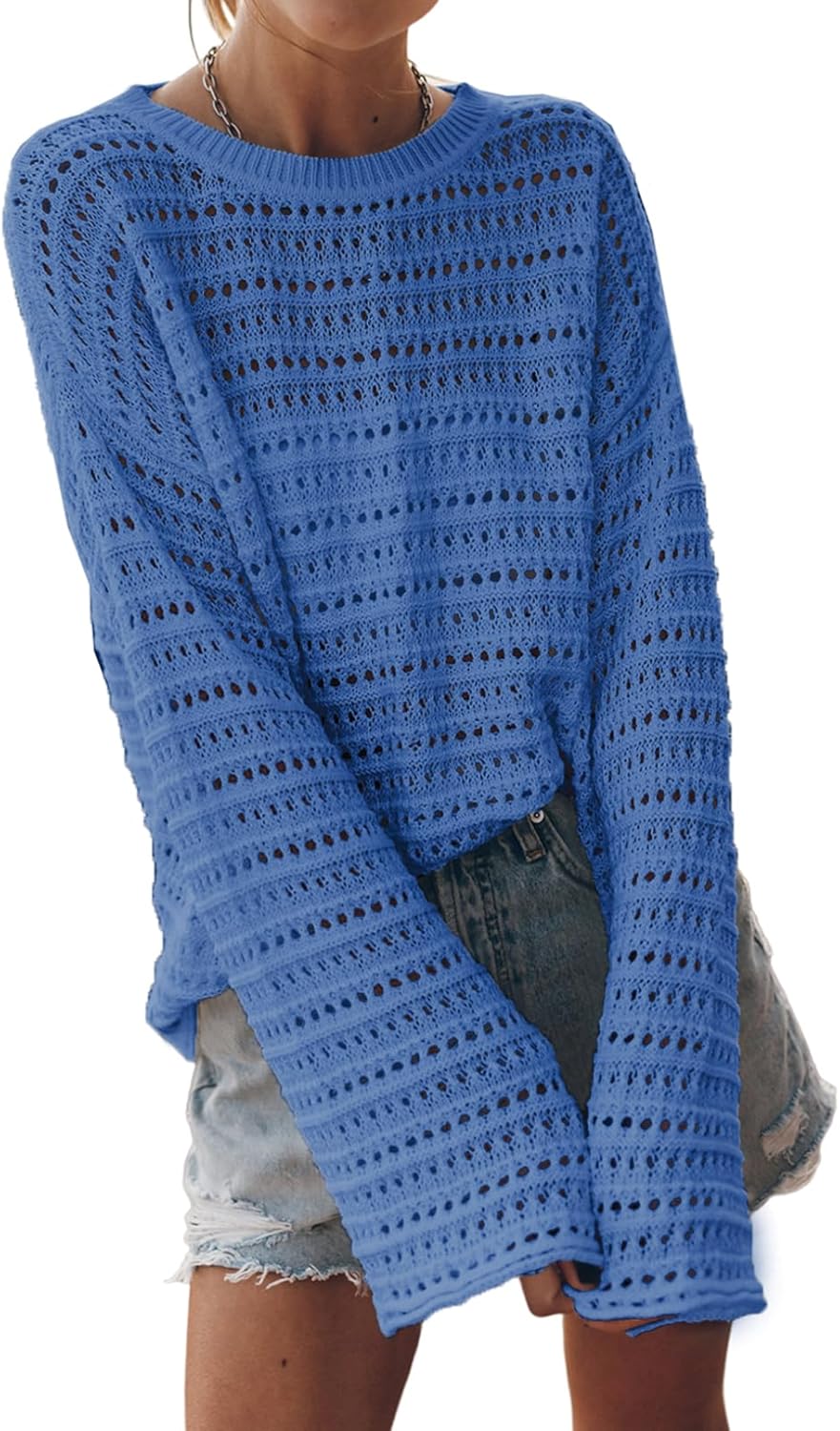 Sidefeel Womens Fall Sweaters Lightweight Crochet Pullover Tops