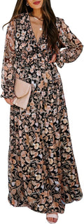 BLENCOT Womens Casual Boho Deep V Neck Long Dress (Style YHT8)