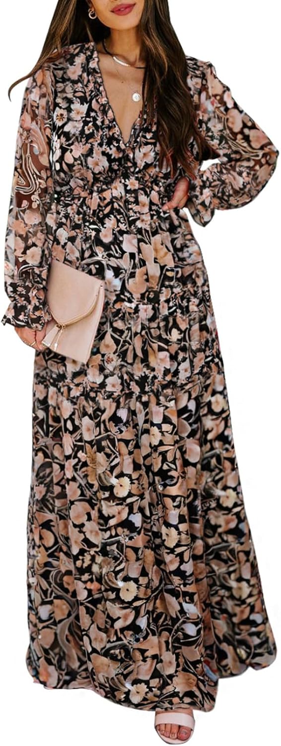 Bohemian Style Womens Casual Deep V Neck Maxi Dress for Summer