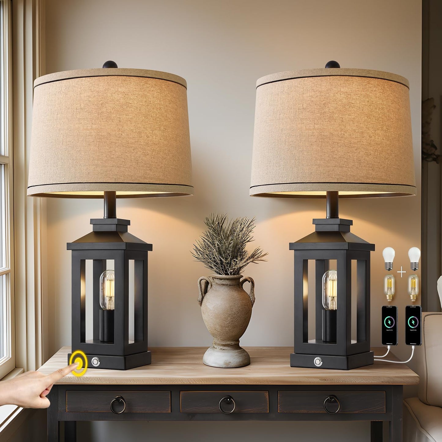 Retro Farmhouse Black Table Lamp Set of 2 with USB Ports