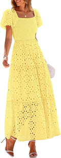 Summer Dresses for Women 2025 Eyelet Square Neck Puff Sleeve Maxi Size