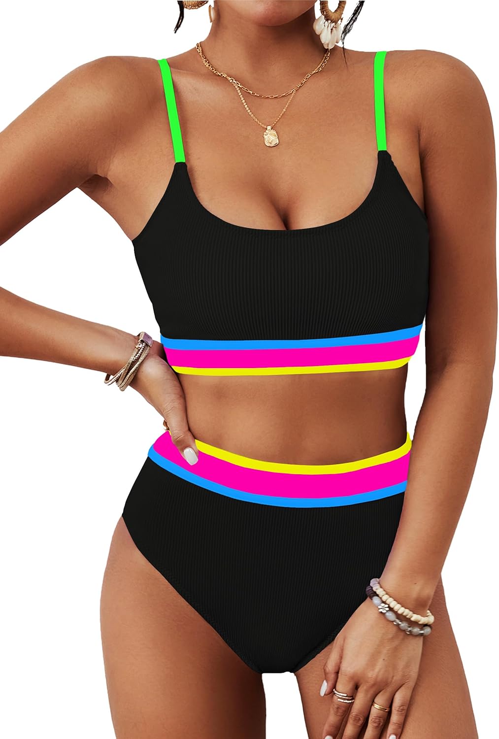 BMJL Women's High Waisted Bikini Ribbed Two Piece Swimsuit