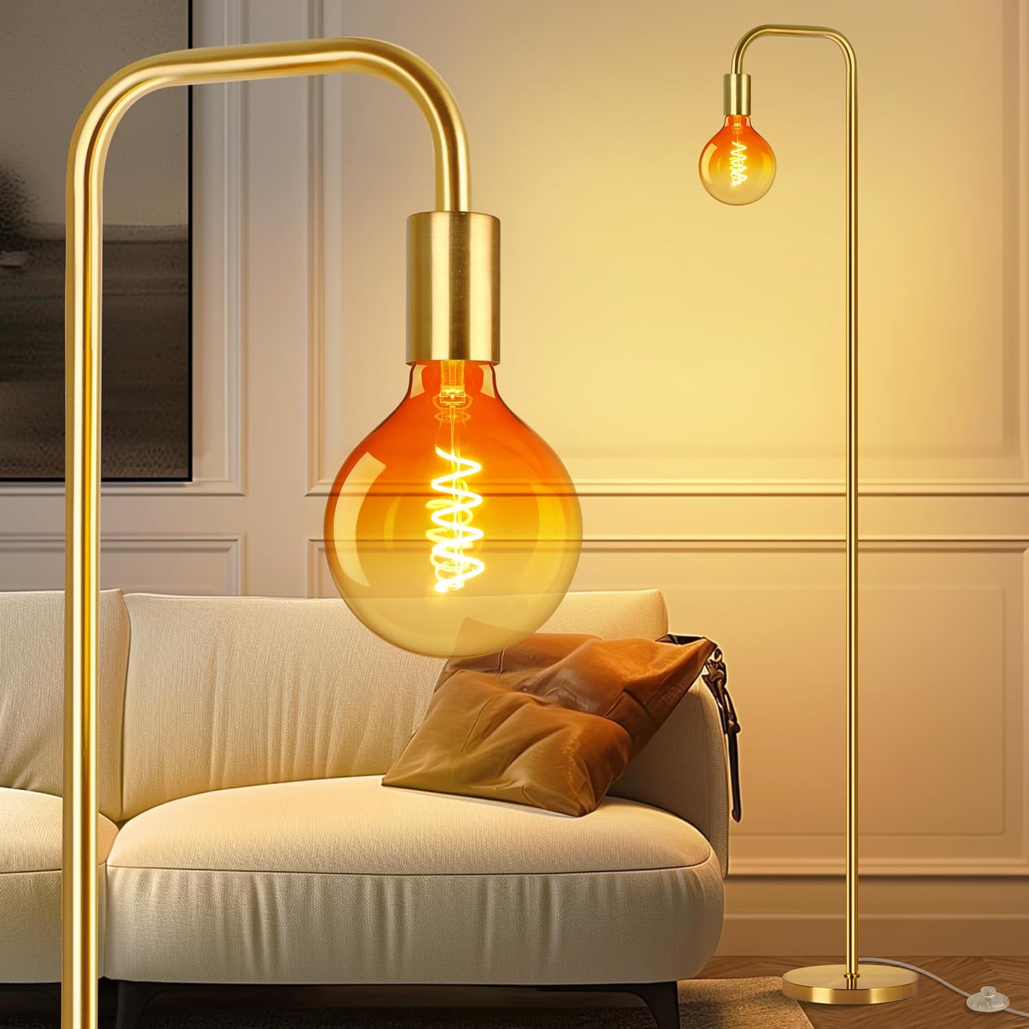 QiMH Floor Lamp for Living Room with Globe Bulb and Gold Finish