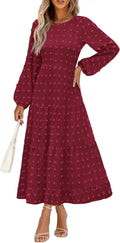 Swiss Dot A Line Maxi Dress - Flowy Long Sleeve Casual to Semi-Formal