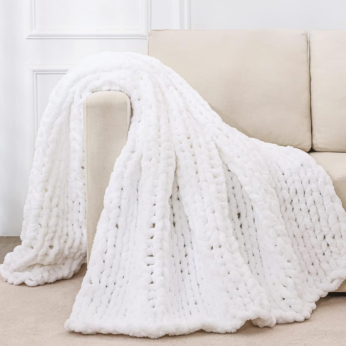 Chunky Knit Throw Blanket for Couch - Cozy Soft Jumbo Chenille