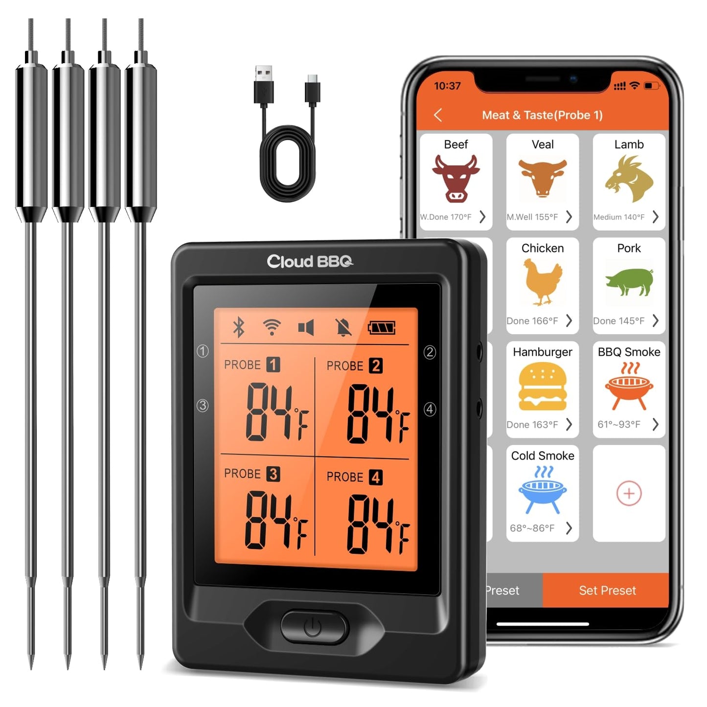 Cloud BBQ Wireless Meat Thermometer | 500FT Range | Multi Probes | Bluetooth Connectivity