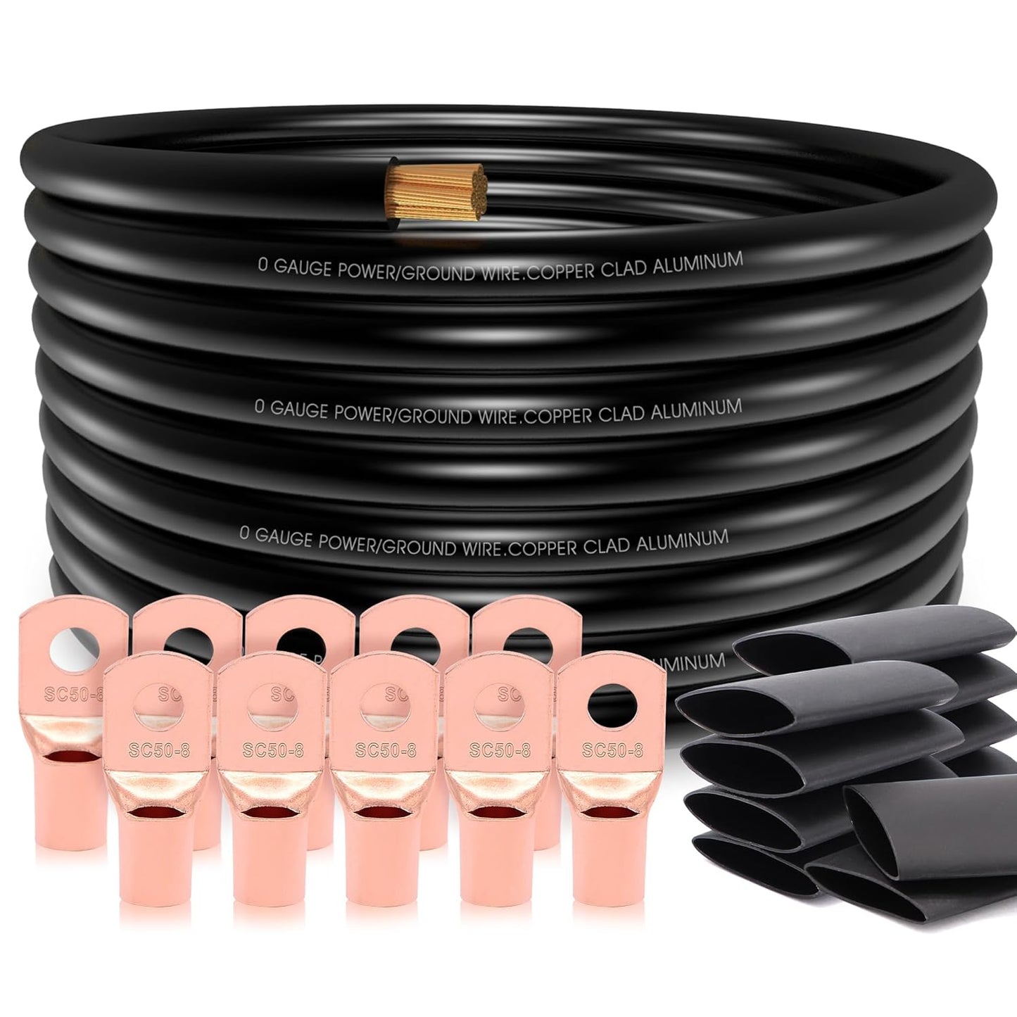 20FT 1/0 Gauge CCA Wire with Lugs and Heat Shrink Tubes