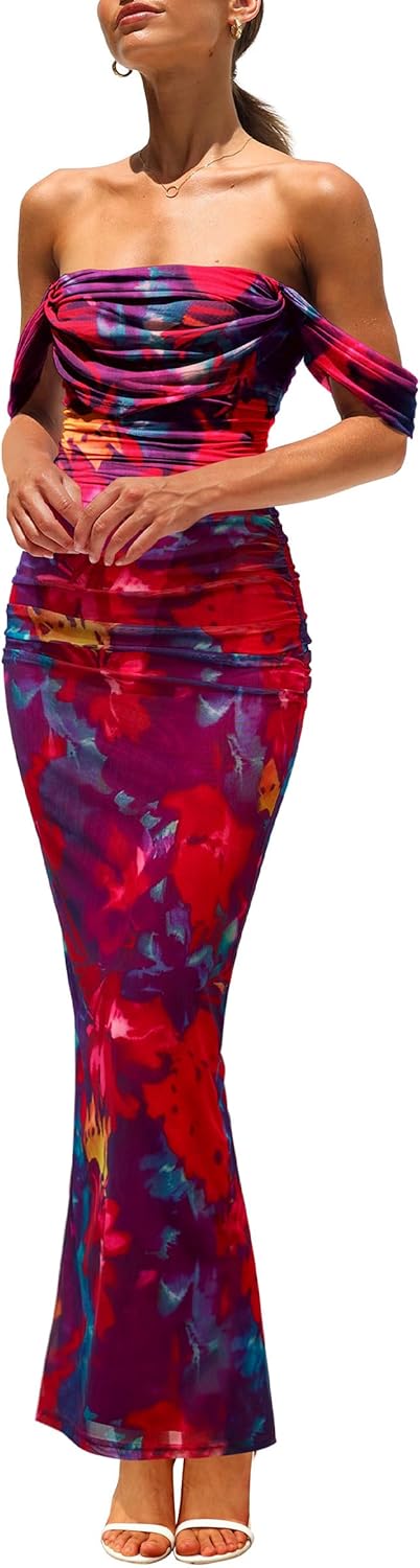 PRETTYGARDEN Floral Off Shoulder Maxi Dress for Women 2025