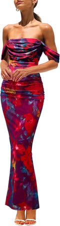 Maxi Dresses for Women Floral Off Shoulder Ruched Mesh Maxi Dress
