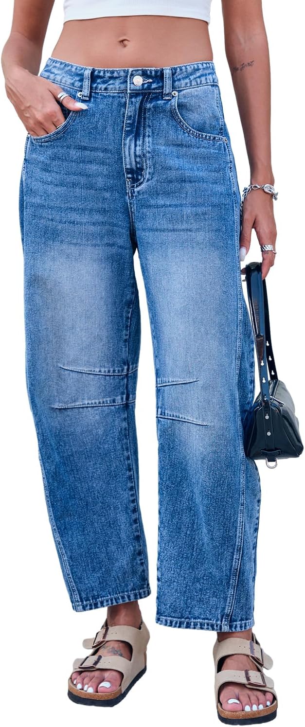 Mid Rise Barrel Jeans for Women - Wide Leg Cropped Denim Pants