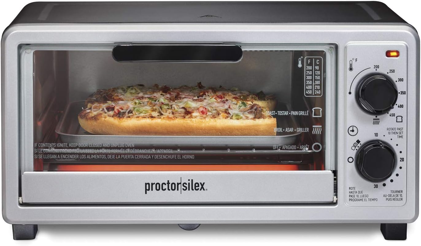 Proctor Silex 4-Slice Toaster Oven, 1100W Multi-Function - Bake, Toast, Broil