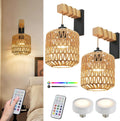 Battery Operated Wall Sconce Set of Two - Boho Rattan Accent Lights