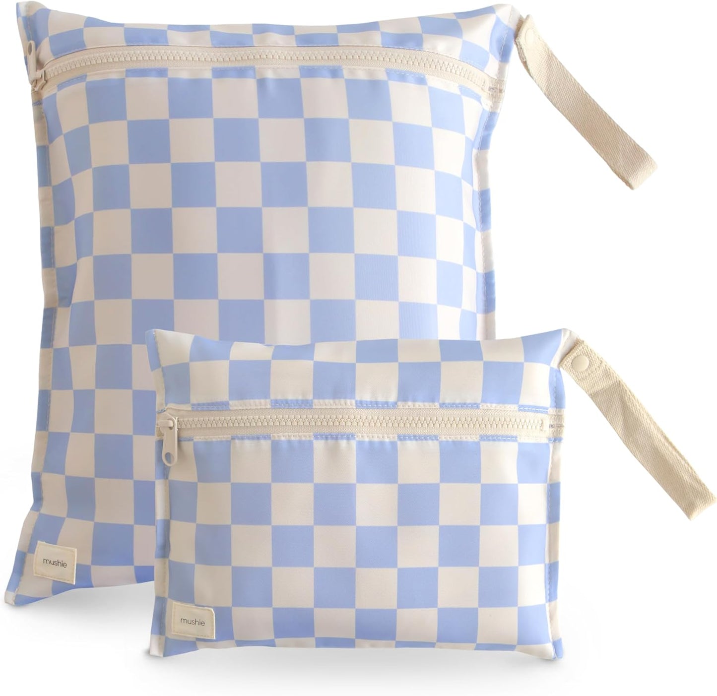 mushie Water Resistant Wet Bags | Reusable Storage Set for Baby - Blue Check