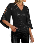 Sequin Tops 3/4 Sleeve Glitter Sparkly V-Neck Blouse - Party Ready