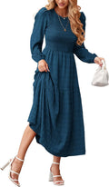 dowerme Women's Puff Long Sleeve Smocked Tiered Maxi Dress - Flowy Fit