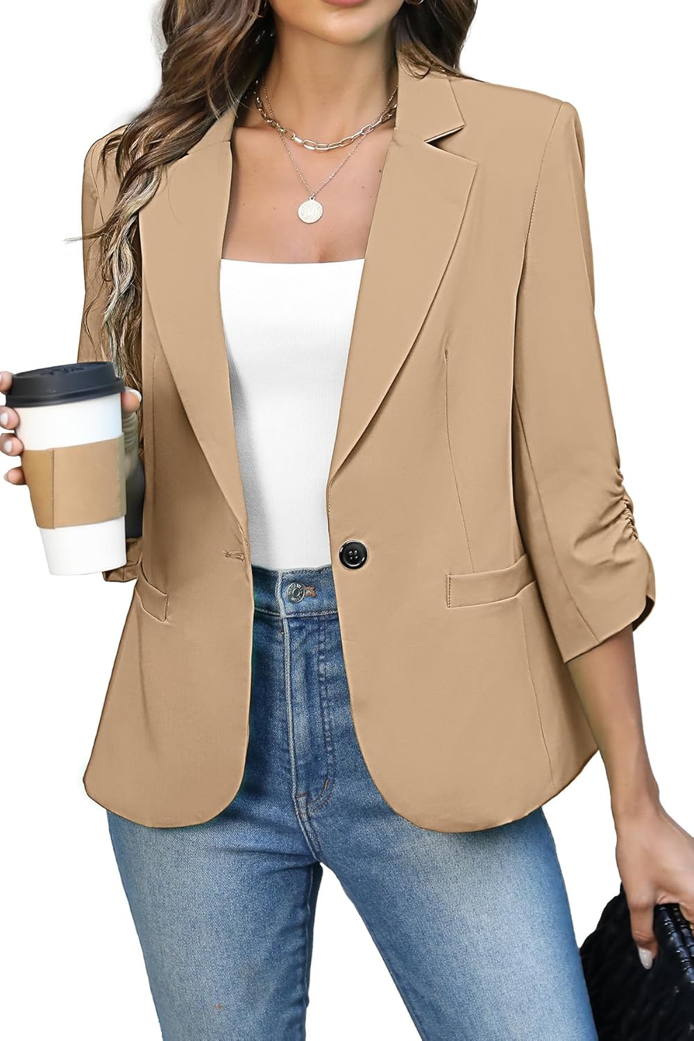 ELLEVEN Women's Ruched Blazers for Stylish Business Casual Wear