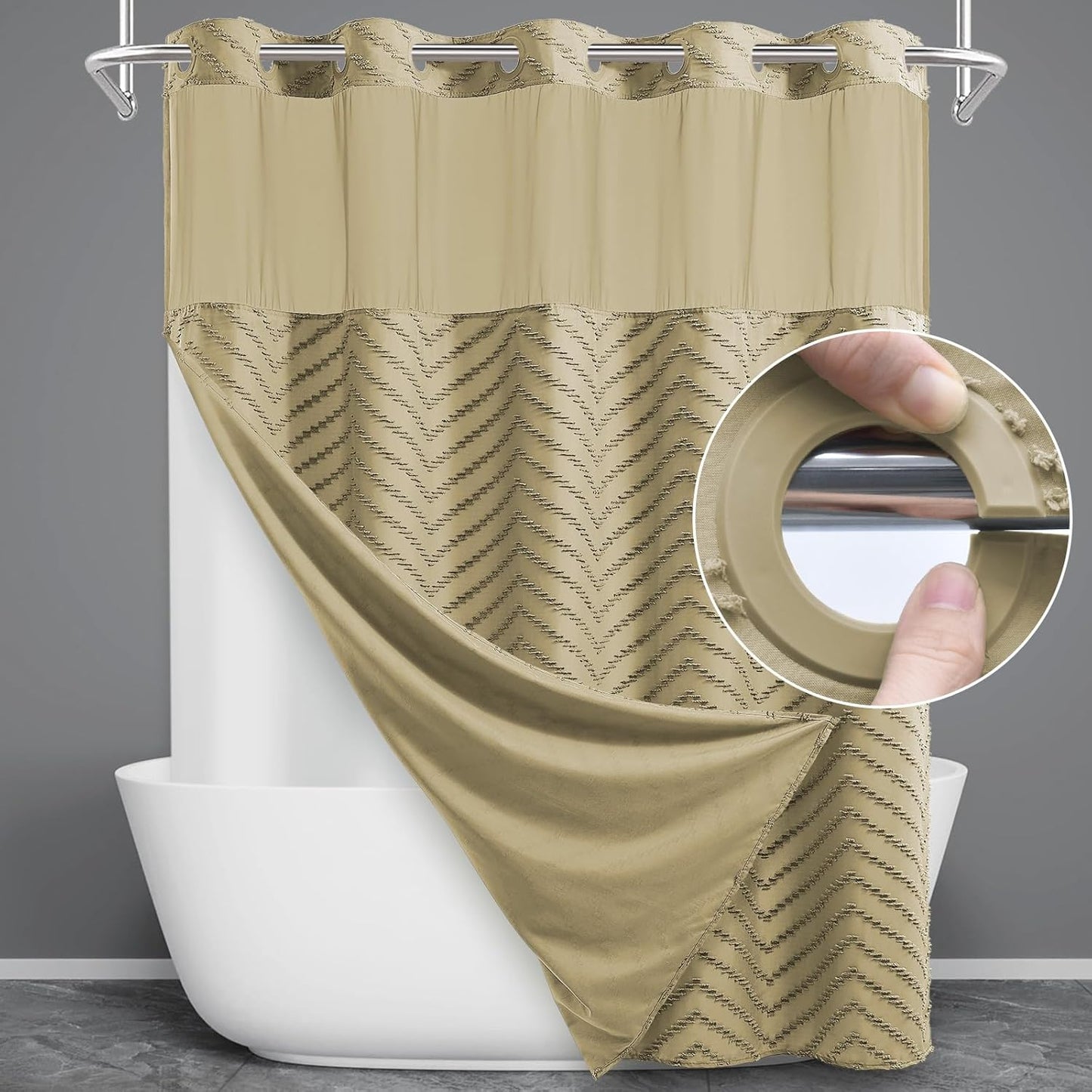 No Hook Shower Curtain Set with Snap in Liner for Bathroom
