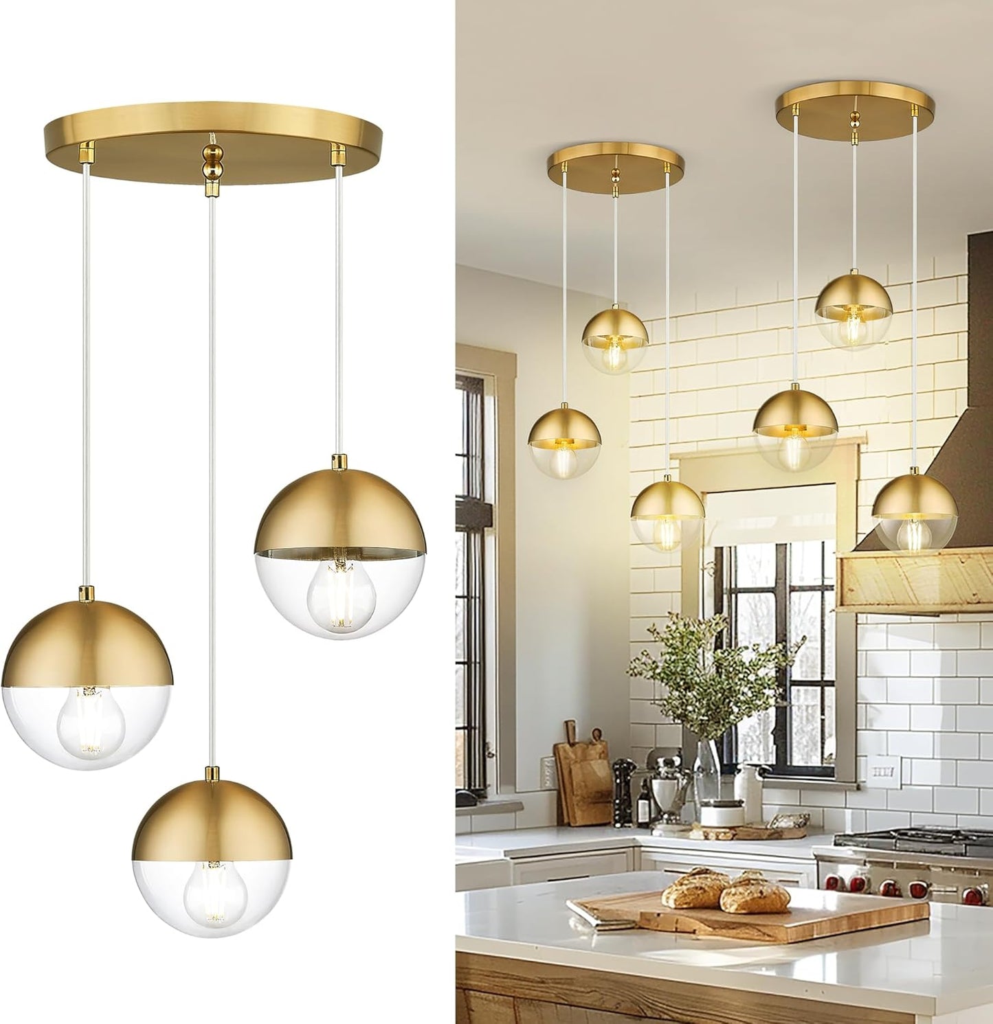 LMS Brushed Gold 3-Light Cluster Pendant Lights for Dining Room
