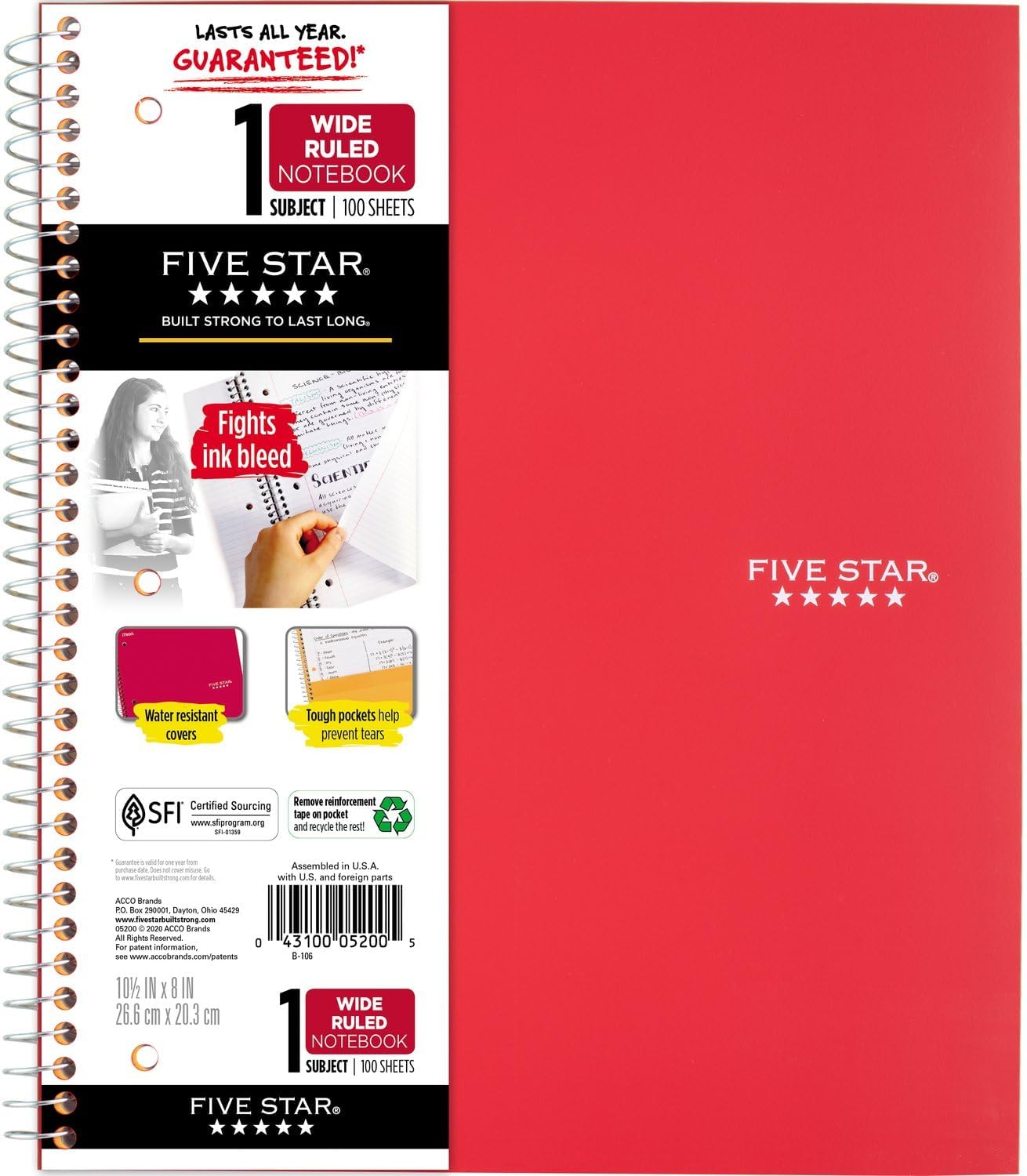 Five Star Wide Ruled Spiral Notebook - 100 Sheets!