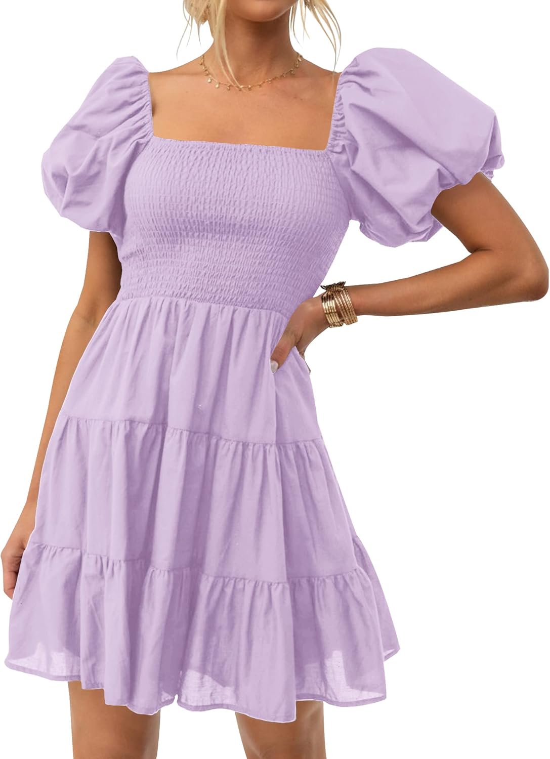 ZESICA Women's Boho Summer Square Neck Puff Sleeve Mini Dress