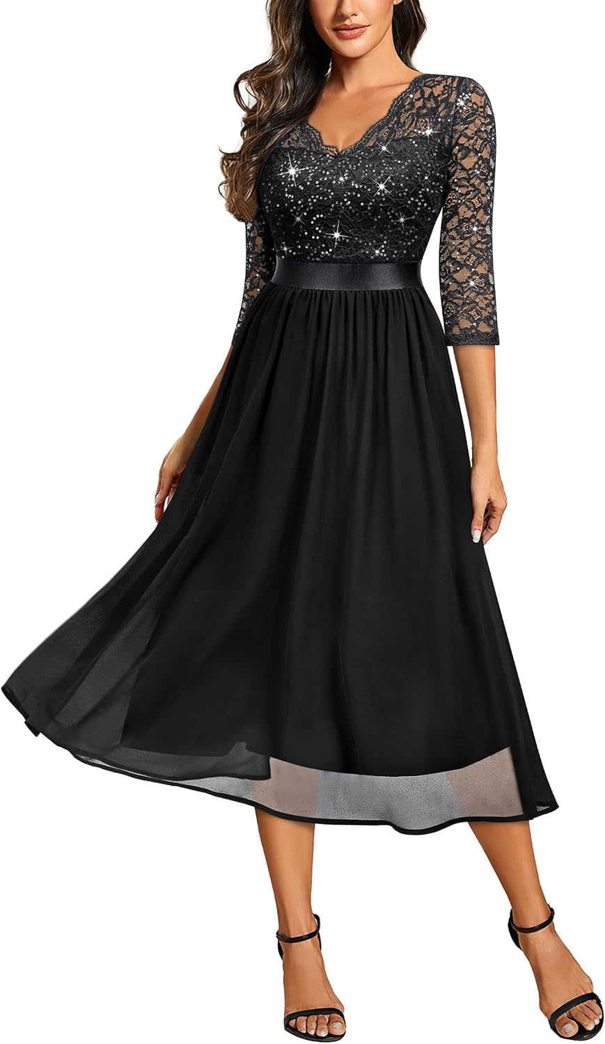 Elegant V Neck Sequin Lace Sleeve Bridesmaid Party Dress
