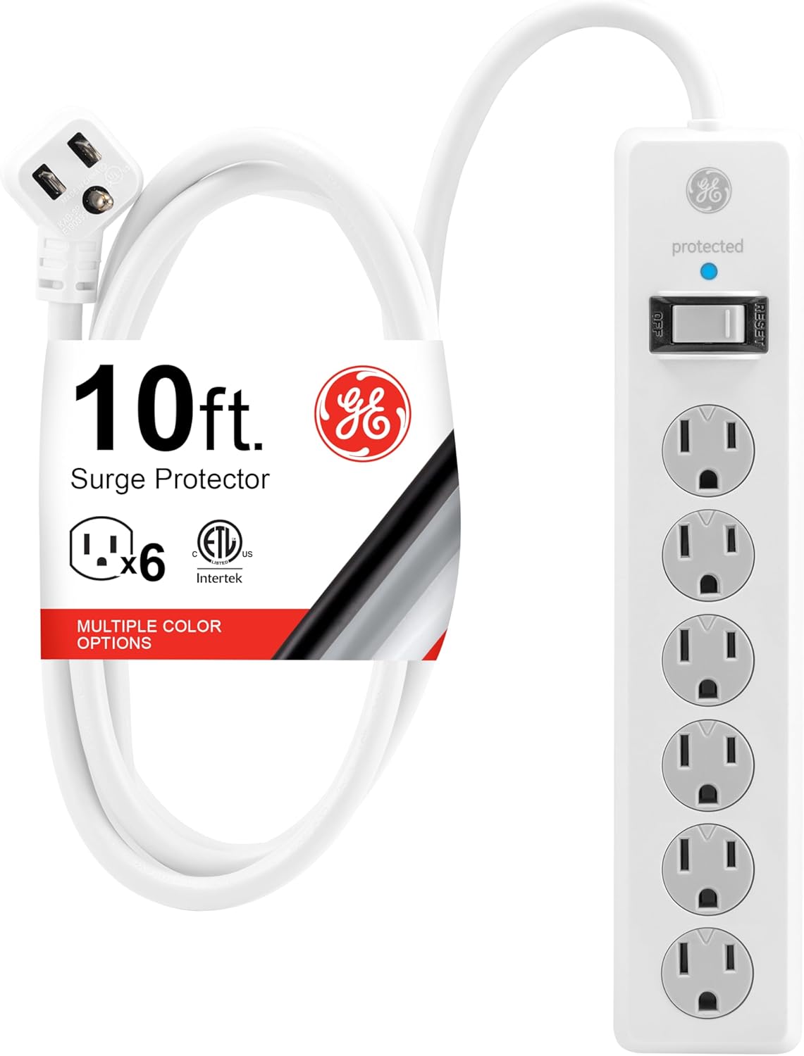 GE 6-Outlet Surge Protector, 10ft Cord, 800 Joules, Safety Features, White
