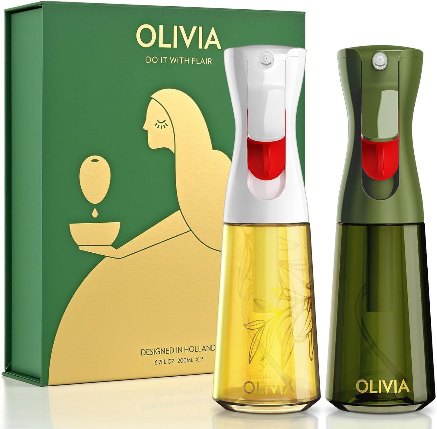FLAIROSOL OLIVIA Oil Sprayer for Cooking, 2 Pack Glass Dispenser