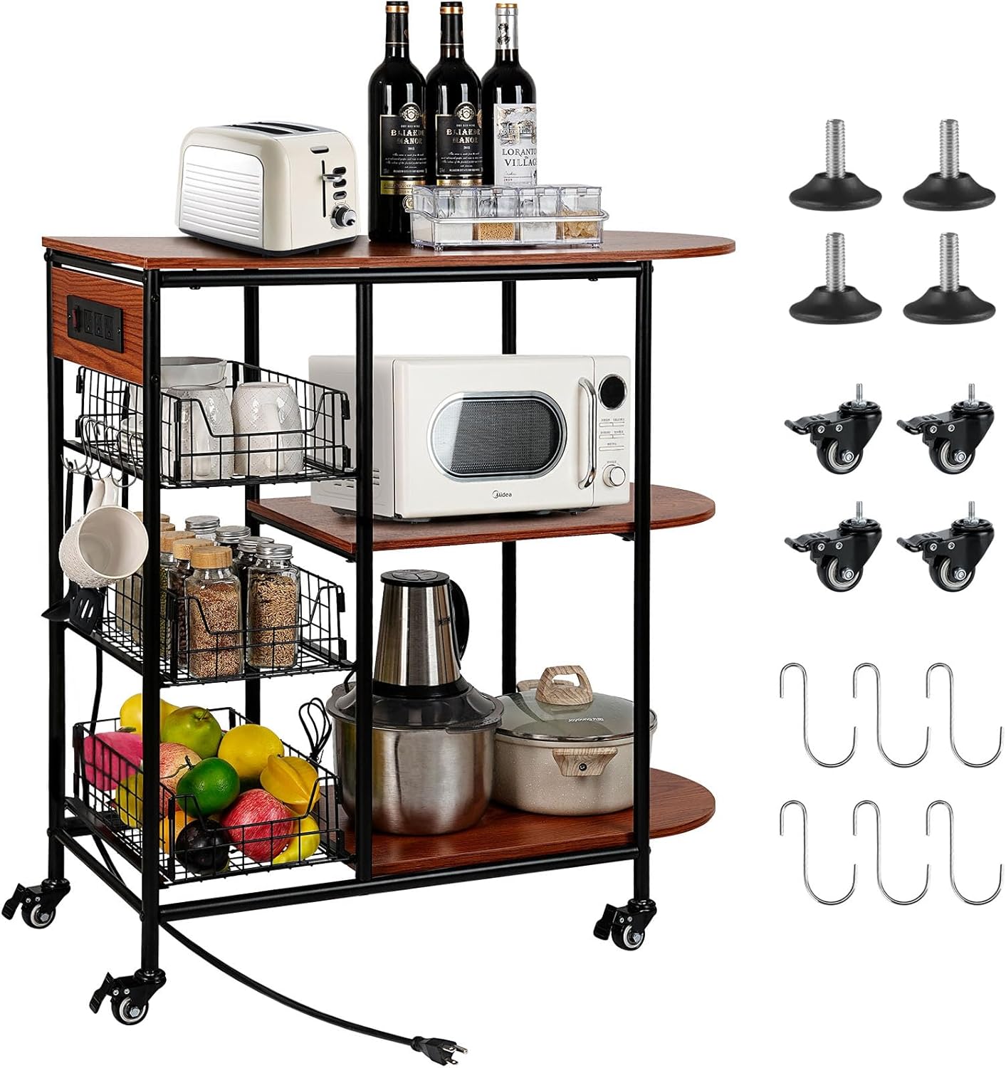 Rolling Kitchen Cart with Power Outlet & Baskets