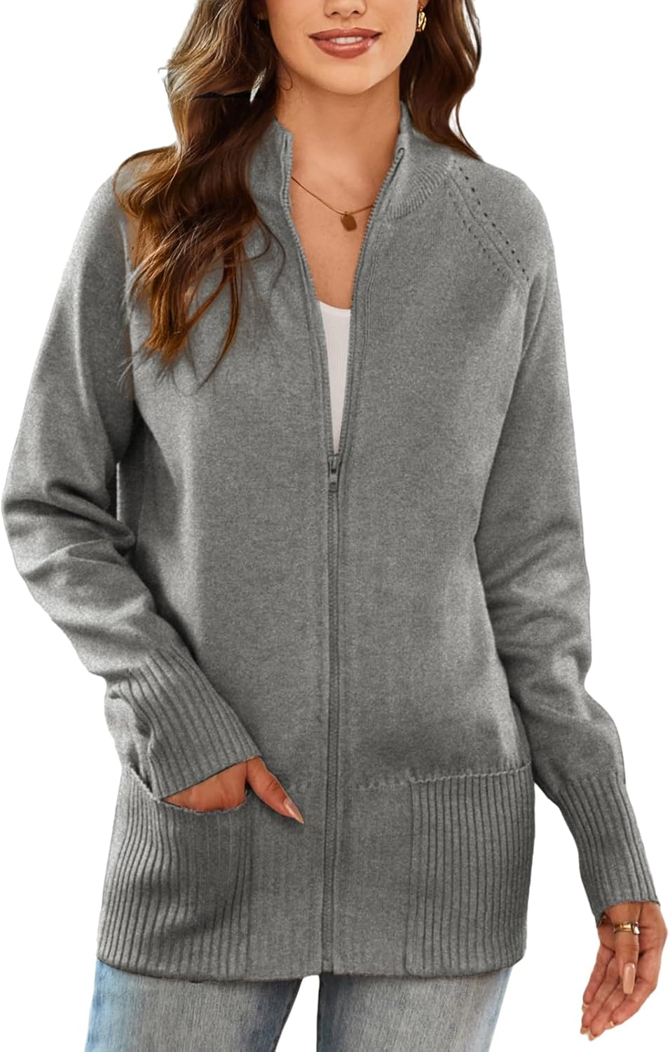 GRACE KARIN Womens Long Sleeve Zip Up Knit Cardigan with Pockets