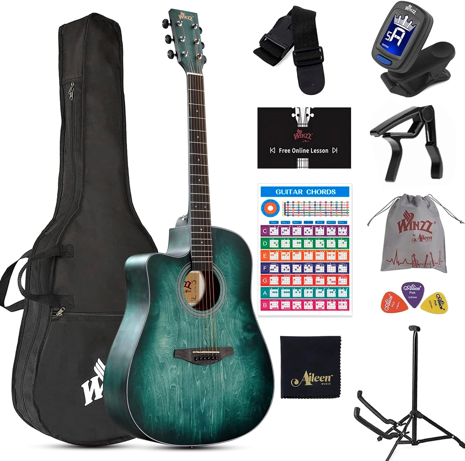 Left Handed 41 Inches Cutaway Acoustic Guitar Bundle for Beginners