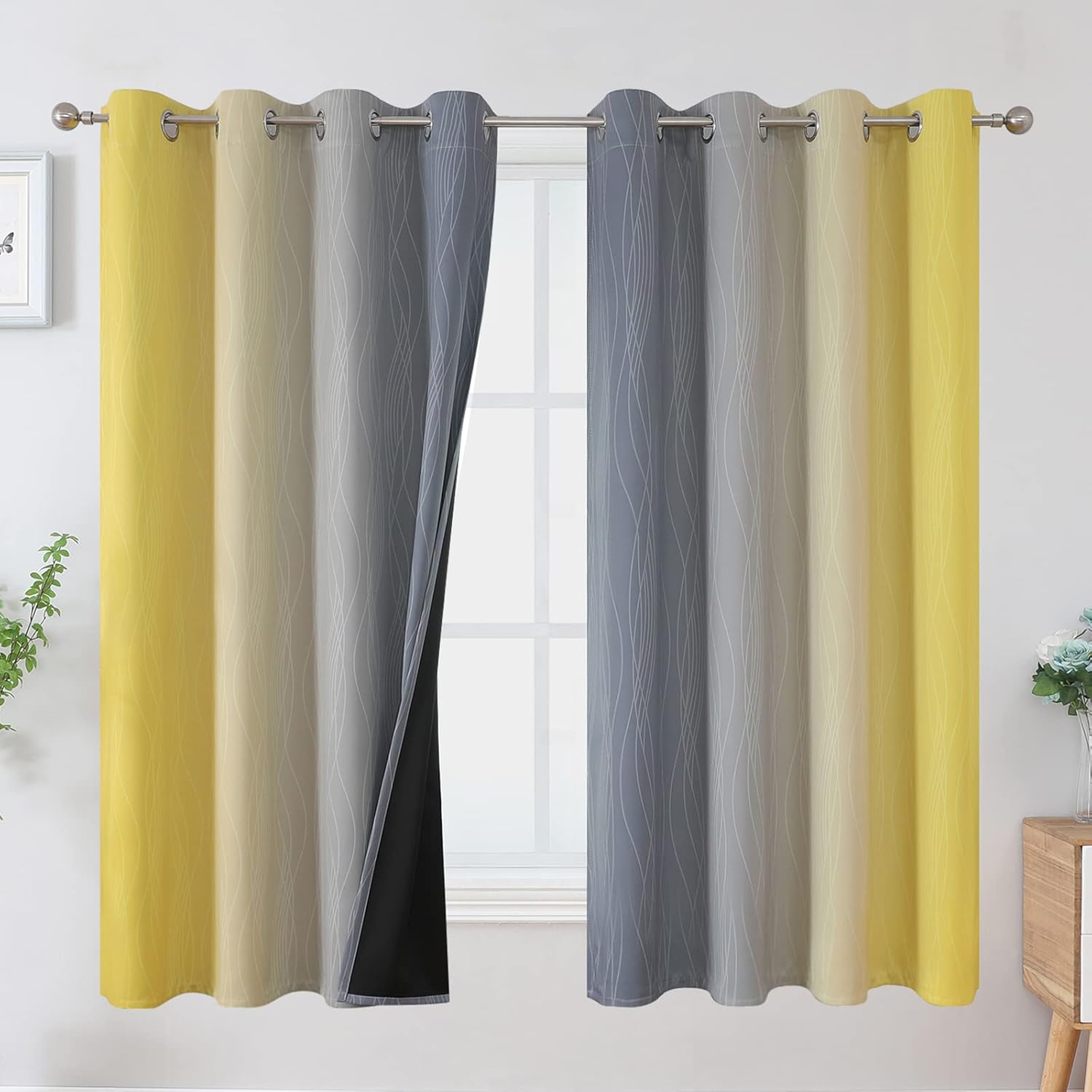 Ombre Gray and Yellow Blackout Curtains for Full Room Darkening