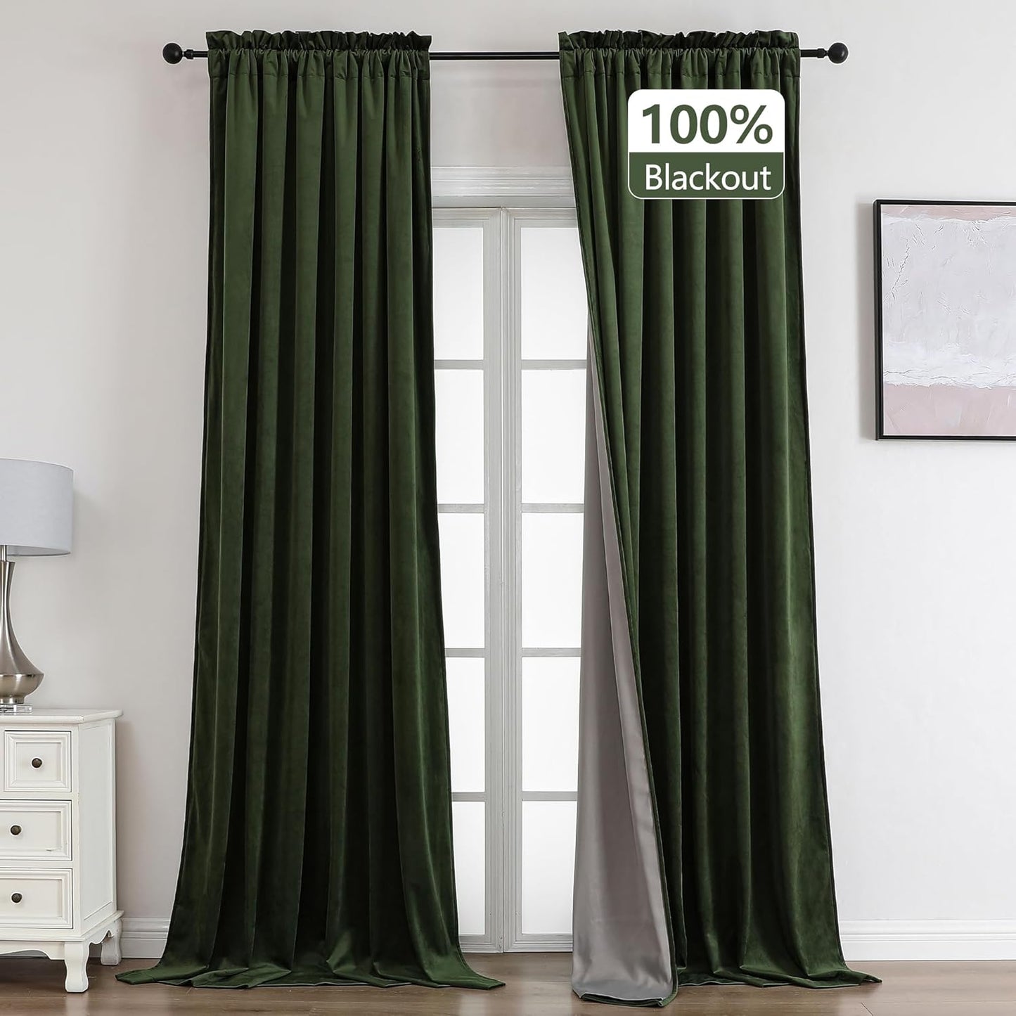 Benedeco Green Velvet 100% Blackout Curtains - Set of 2