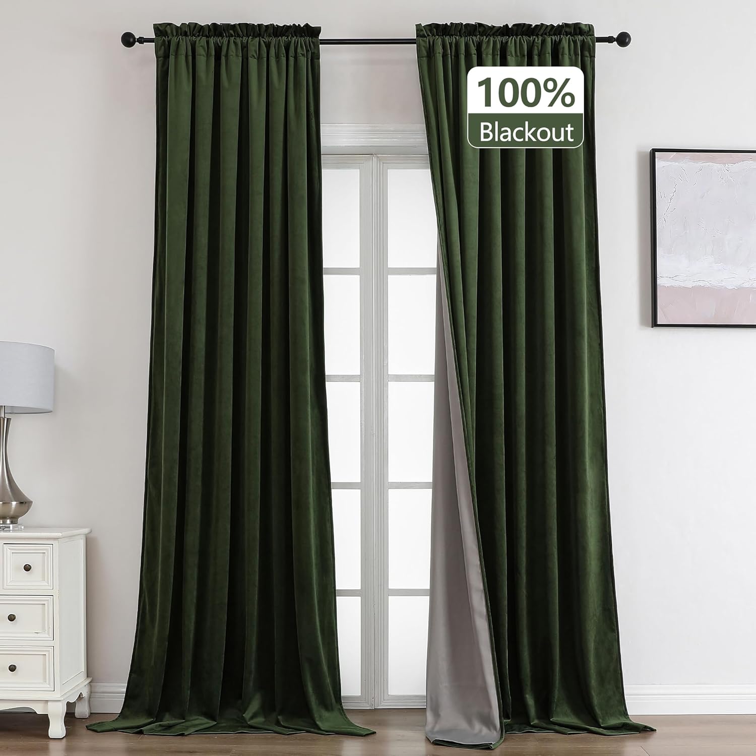Benedeco Green Velvet 100% Blackout Curtains - Set of 2