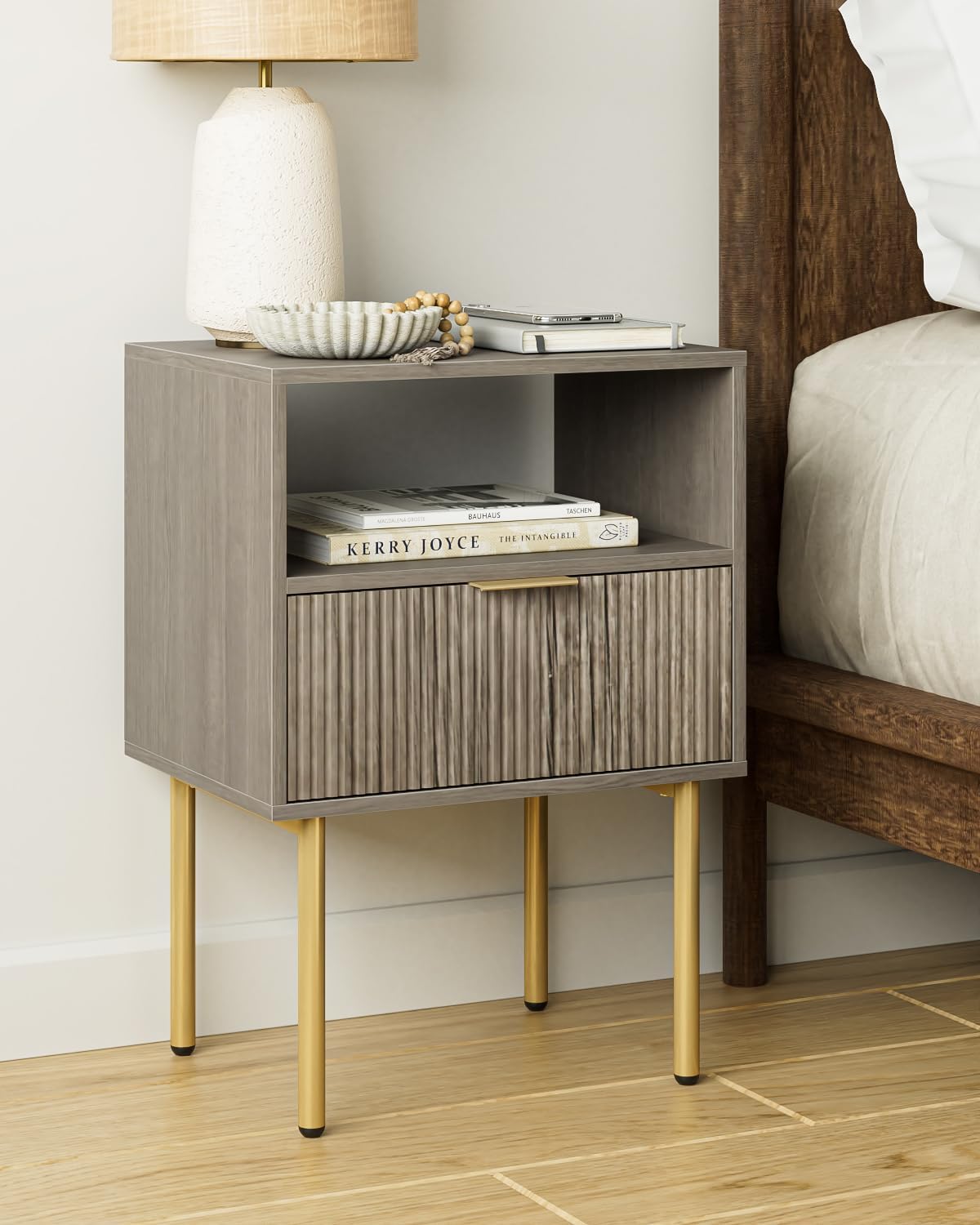 Modern Grey Nightstand with Gold Frame for Stylish Bedrooms