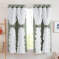 PONY DANCE Blackout Curtains Double Layer Ruffle Sheer Panels - Sage