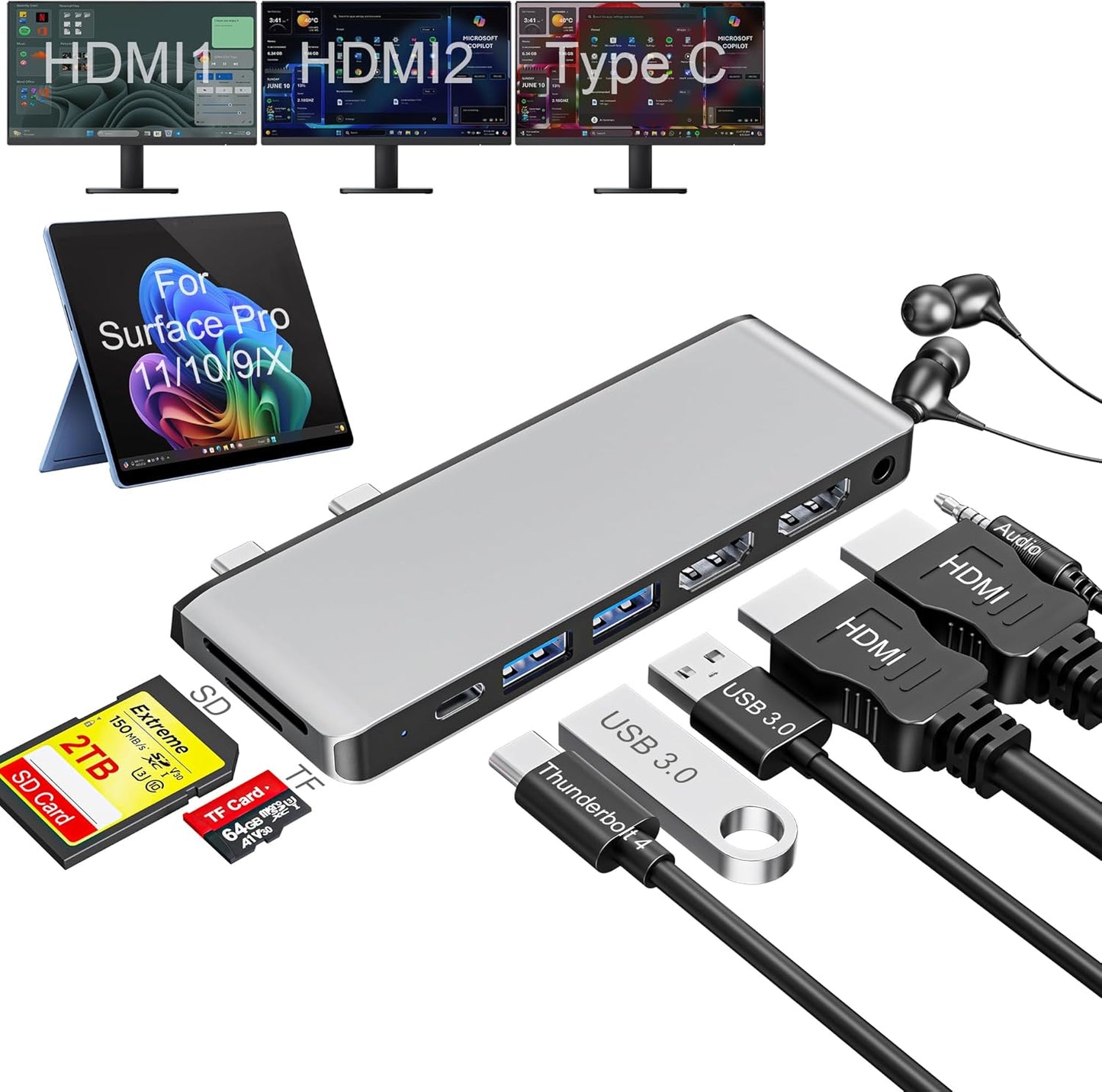 Surface Pro 9/10/11/X Docking Station with Quad Display Support