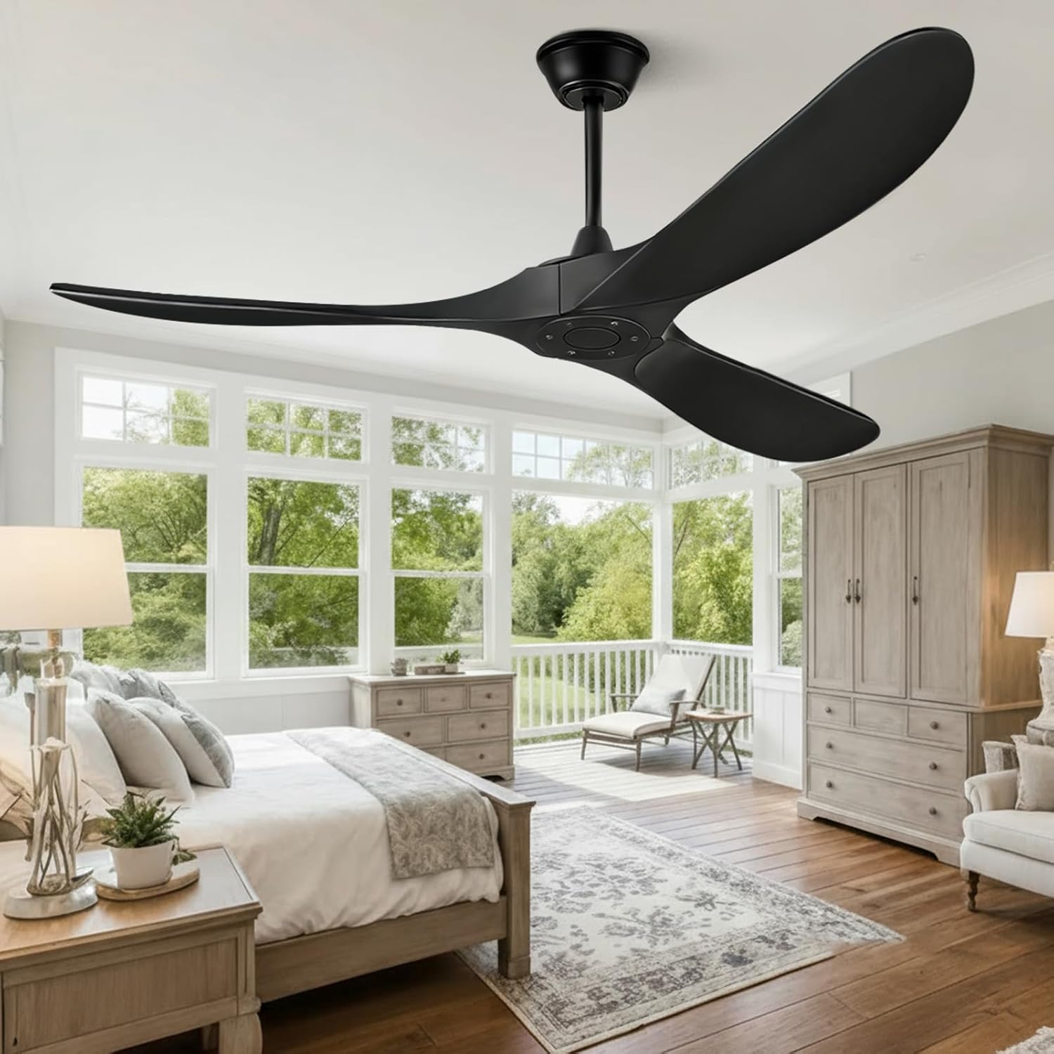 52 Inch Ceiling Fan Without Lights - Solid Wood Blades, Remote