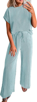 Women 2 Piece Ribbed Knit Summer Set - Short Sleeve Top & Wide Leg