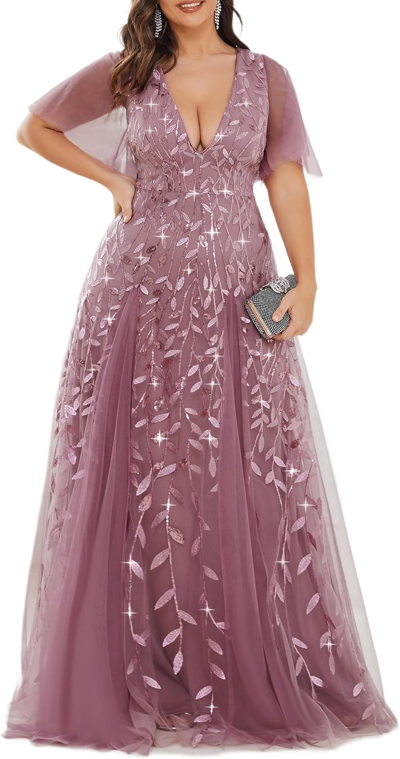 Elegant Plus Size V-Neck Sequin Embroidery A-Line Evening Dress