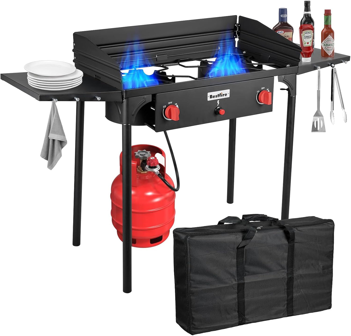 Bestfire 2 Burner Camping Stove with Windpanel & Side Shelves