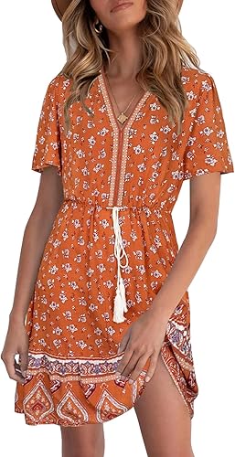 LEANI Womens Summer V Neck Bohemian Floral Print Mini Dress