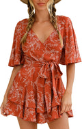 Womens Summer Short Flared Sleeve Romper with Waist Tie - Flattering