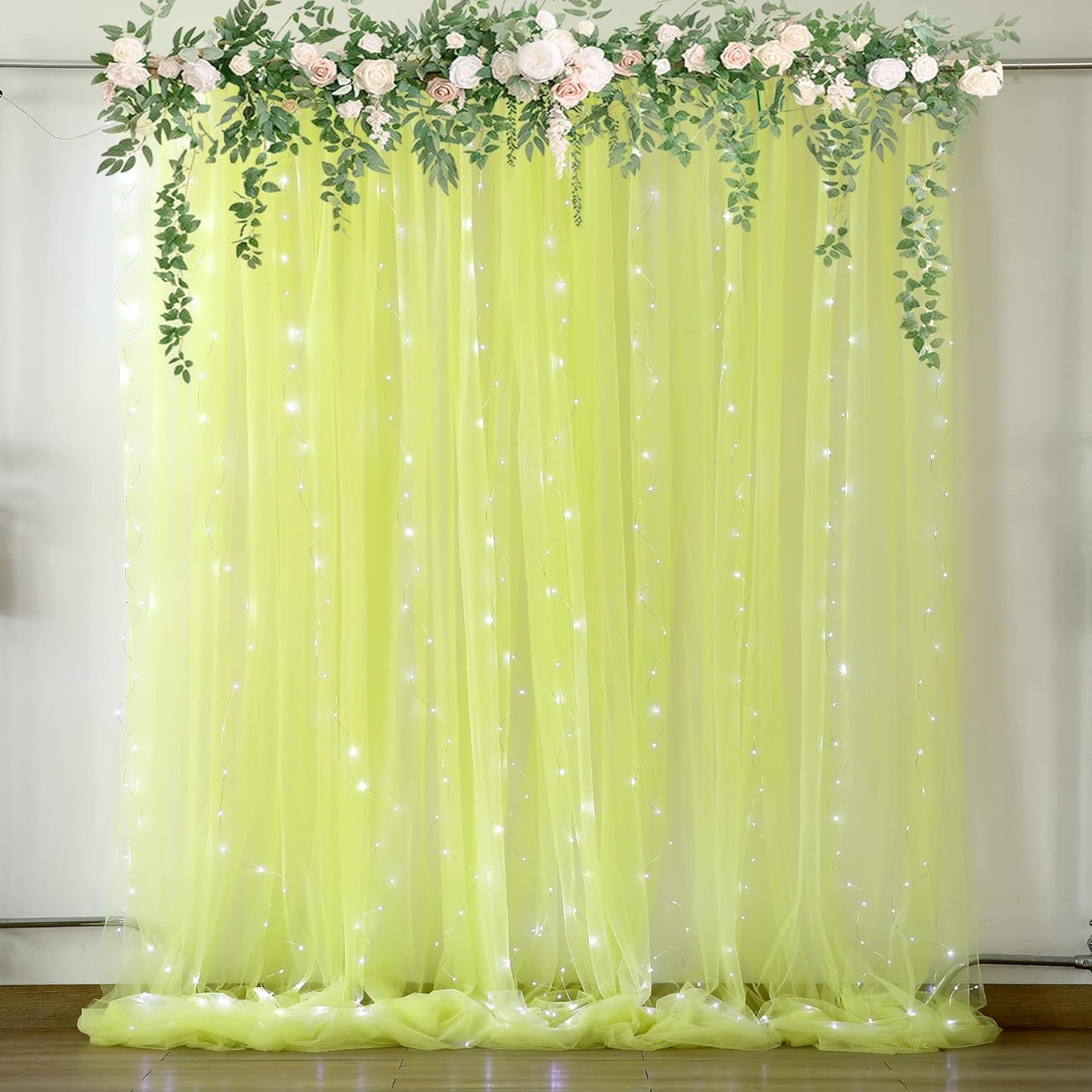 Yellow Sheer Tulle Backdrop Curtains with Lights for Events