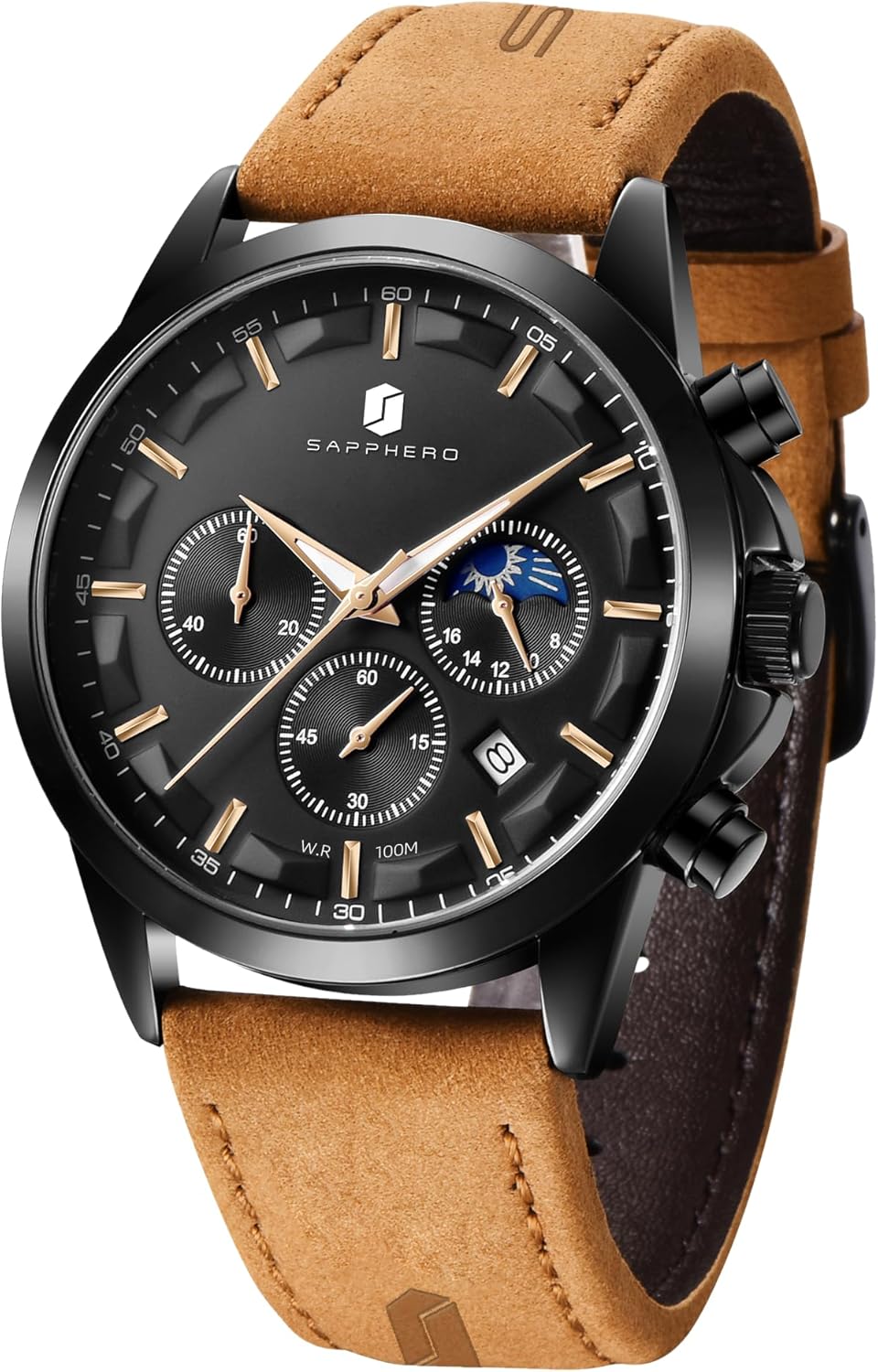 SAPPHERO Chrono Leather Watch - Water-Resistant, Date Display
